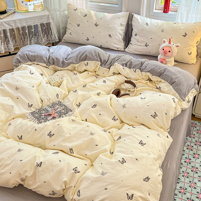 91家纺网 家纺一手货源 找家纺 优尚佳生活馆 2025新款高克重云感双层纱印花四件套 蝶语素织