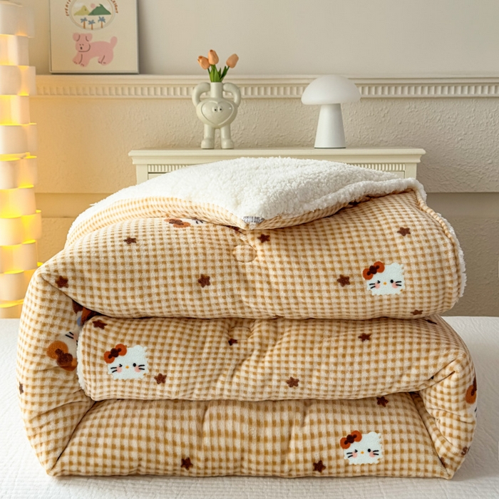91家纺网 家纺一手货源 找家纺 爱彼家纺 2025新款奶油风羊羔绒+牛奶绒可爱卡通被子被芯秋被冬被被子被芯-直播热门款 奶咖小猫