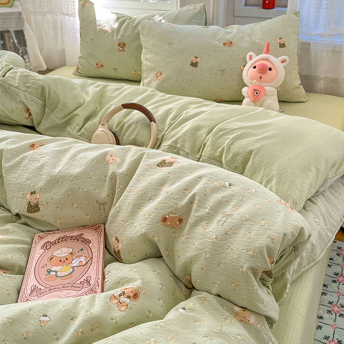 91家纺网 家纺一手货源 找家纺 优尚佳生活馆 2025新款高克重云感双层纱印花四件套 快乐小象