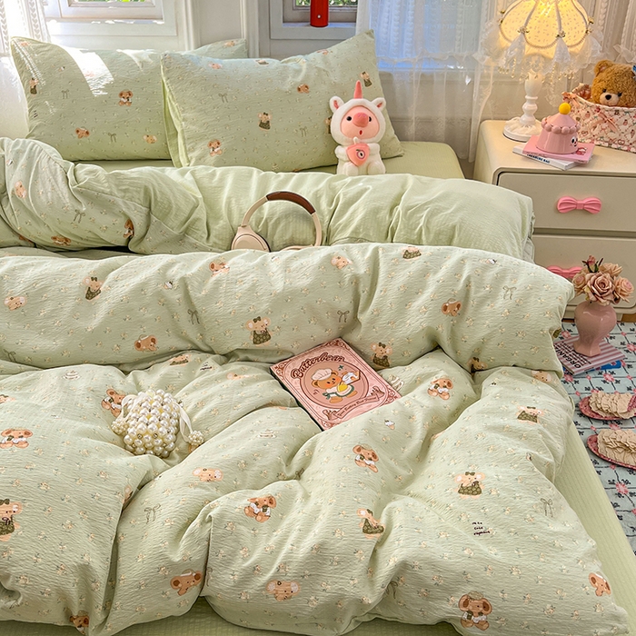 91家纺网 家纺一手货源 找家纺 优尚佳生活馆 2025新款高克重云感双层纱印花四件套 快乐小象