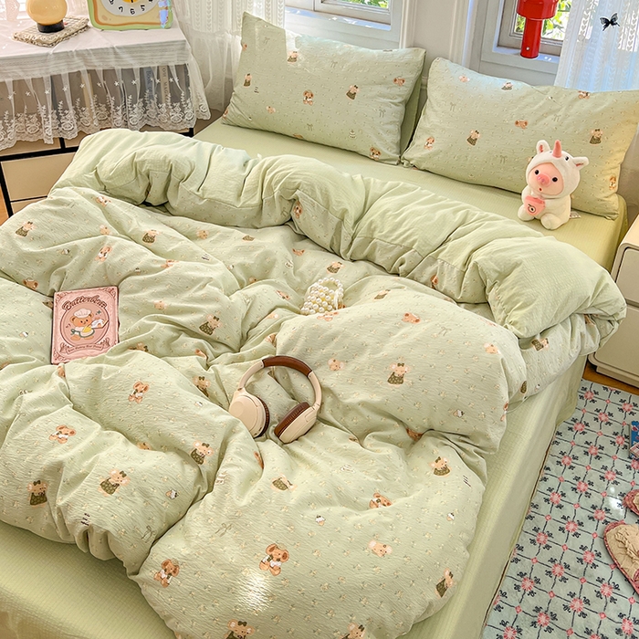 91家纺网 家纺一手货源 找家纺 优尚佳生活馆 2025新款高克重云感双层纱印花四件套 快乐小象