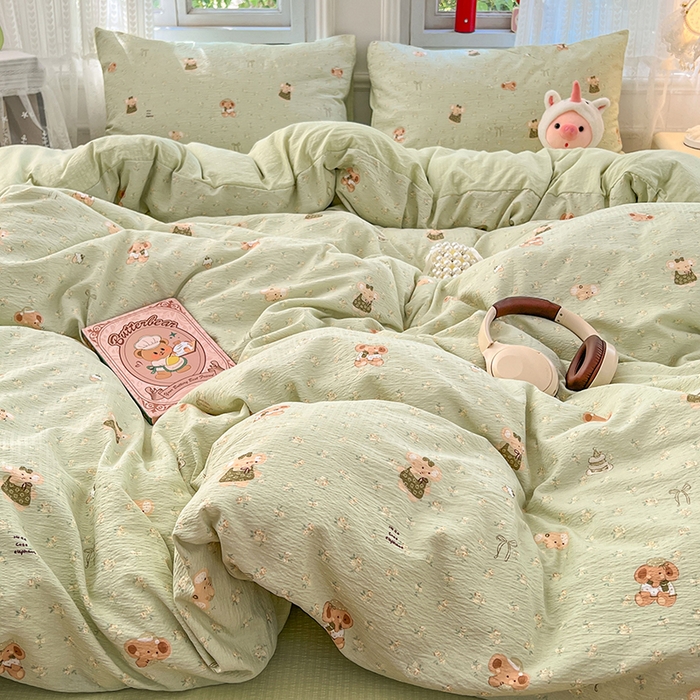 91家纺网 家纺一手货源 找家纺 优尚佳生活馆 2025新款高克重云感双层纱印花四件套 快乐小象