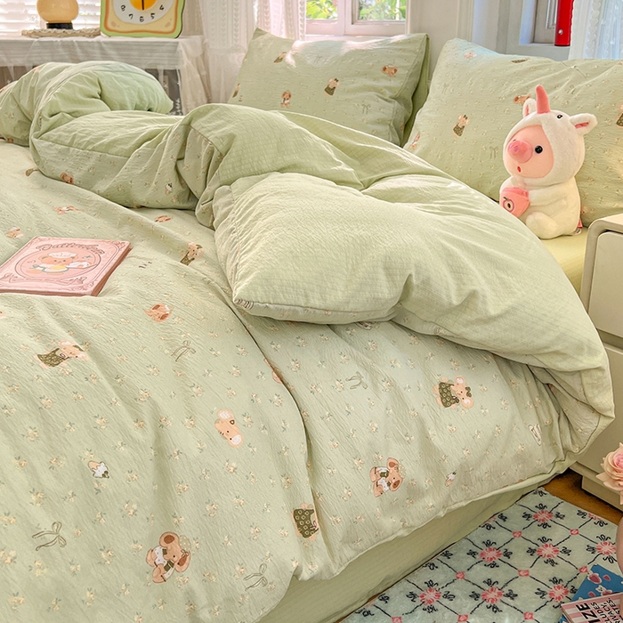 91家纺网 家纺一手货源 找家纺 优尚佳生活馆 2025新款高克重云感双层纱印花四件套 快乐小象