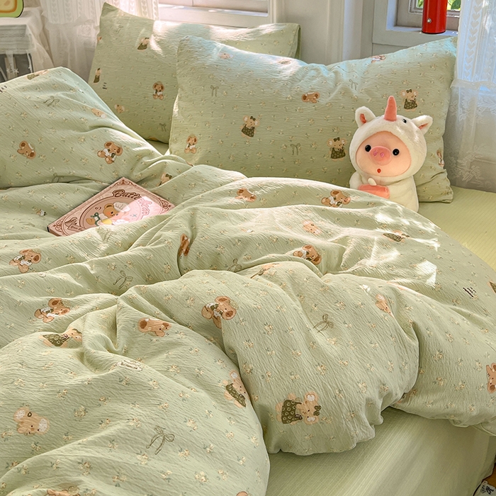 91家纺网 家纺一手货源 找家纺 优尚佳生活馆 2025新款高克重云感双层纱印花四件套 快乐小象