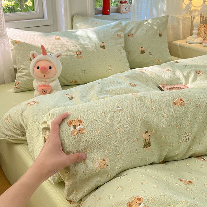 91家纺网 家纺一手货源 找家纺 优尚佳生活馆 2025新款高克重云感双层纱印花四件套 快乐小象