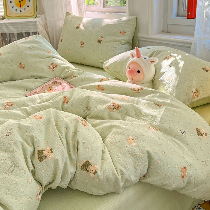 91家纺网 家纺一手货源 找家纺 优尚佳生活馆 2025新款高克重云感双层纱印花四件套 快乐小象