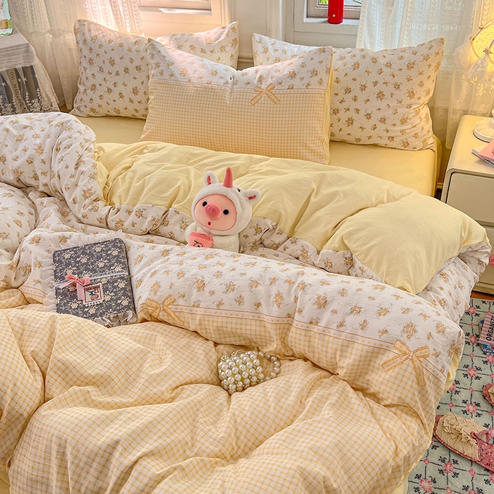 91家纺网 家纺一手货源 找家纺 优尚佳生活馆 2025新款高克重云感双层纱印花四件套 暖格花町