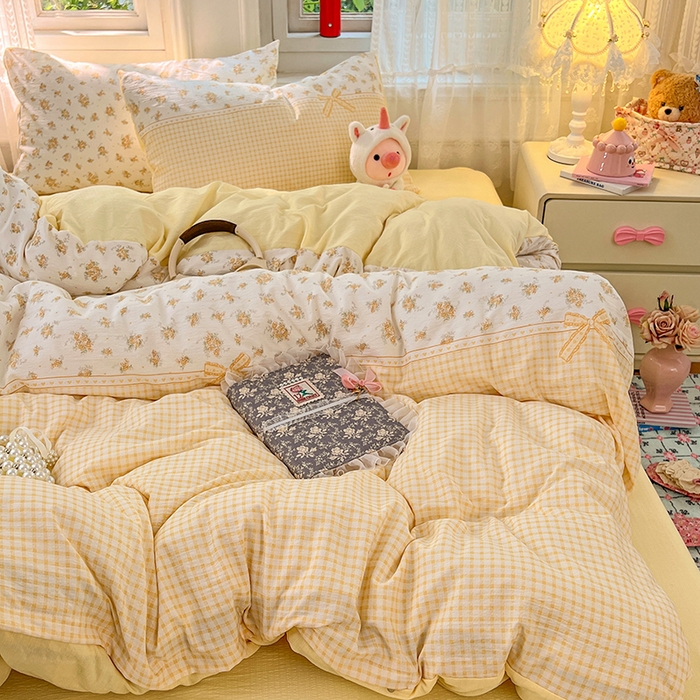 91家纺网 家纺一手货源 找家纺 优尚佳生活馆 2025新款高克重云感双层纱印花四件套 暖格花町