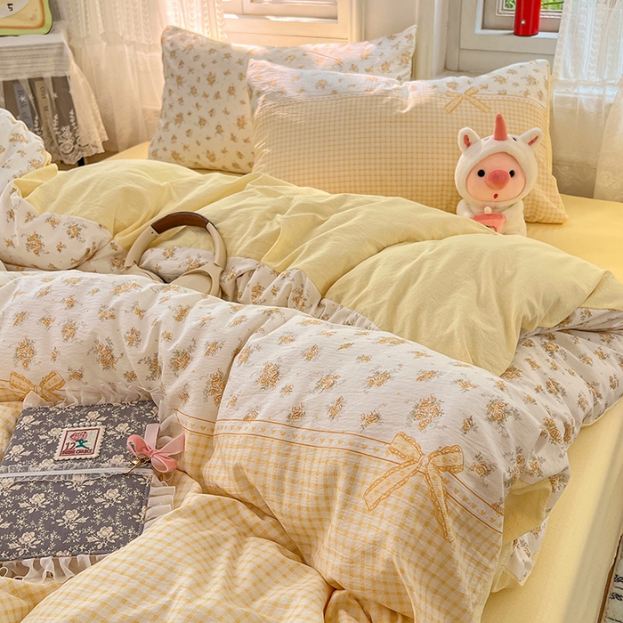 91家纺网 家纺一手货源 找家纺 优尚佳生活馆 2025新款高克重云感双层纱印花四件套 暖格花町