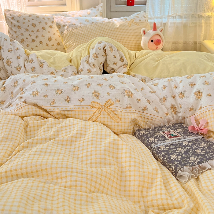 91家纺网 家纺一手货源 找家纺 优尚佳生活馆 2025新款高克重云感双层纱印花四件套 暖格花町