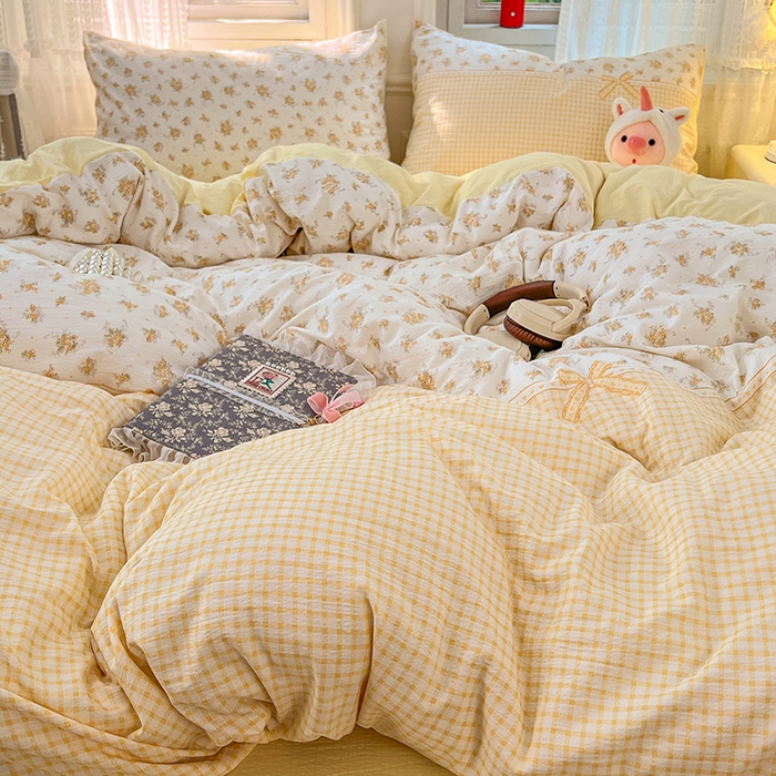 91家纺网 家纺一手货源 找家纺 优尚佳生活馆 2025新款高克重云感双层纱印花四件套 暖格花町