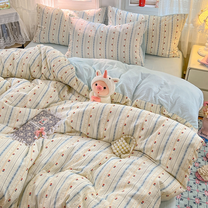 91家纺网 家纺一手货源 找家纺 优尚佳生活馆 2025新款高克重云感双层纱印花四件套 条语梦栖