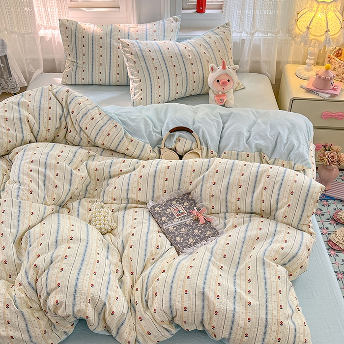 91家纺网 家纺一手货源 找家纺 优尚佳生活馆 2025新款高克重云感双层纱印花四件套 条语梦栖