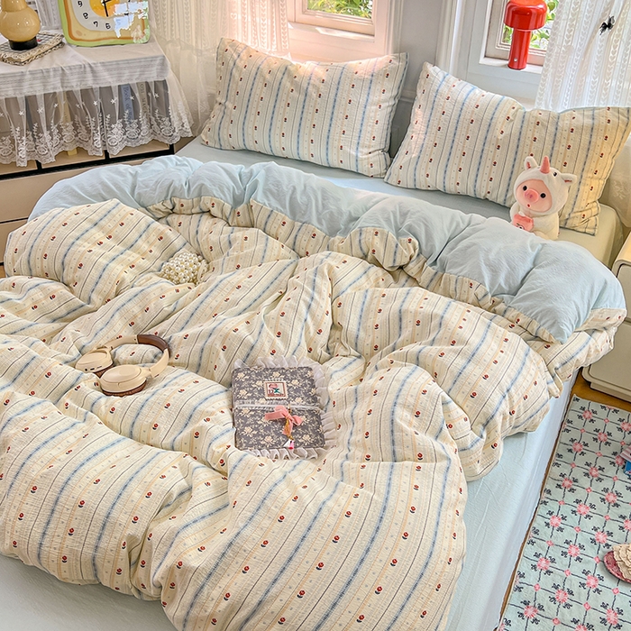 91家纺网 家纺一手货源 找家纺 优尚佳生活馆 2025新款高克重云感双层纱印花四件套 条语梦栖