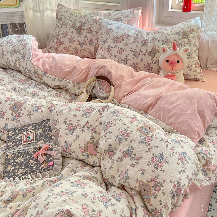 91家纺网 家纺一手货源 找家纺 优尚佳生活馆 2025新款高克重云感双层纱印花四件套 熊花私语