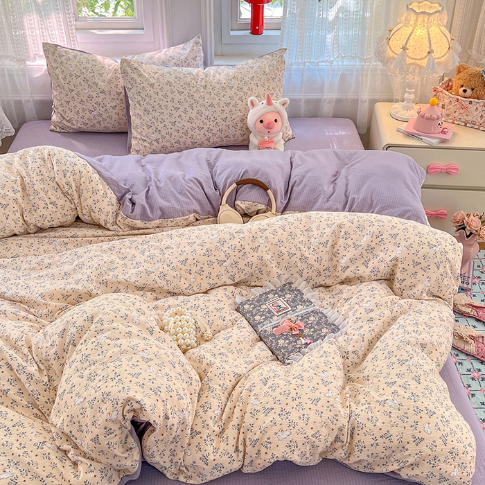 91家纺网 家纺一手货源 找家纺 优尚佳生活馆 2025新款高克重云感双层纱印花四件套 枝兔梦笺