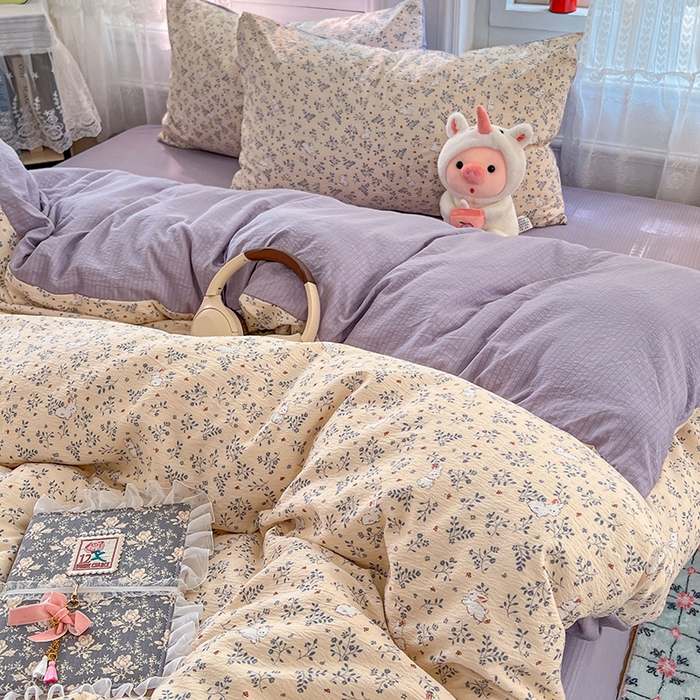 91家纺网 家纺一手货源 找家纺 优尚佳生活馆 2025新款高克重云感双层纱印花四件套 枝兔梦笺