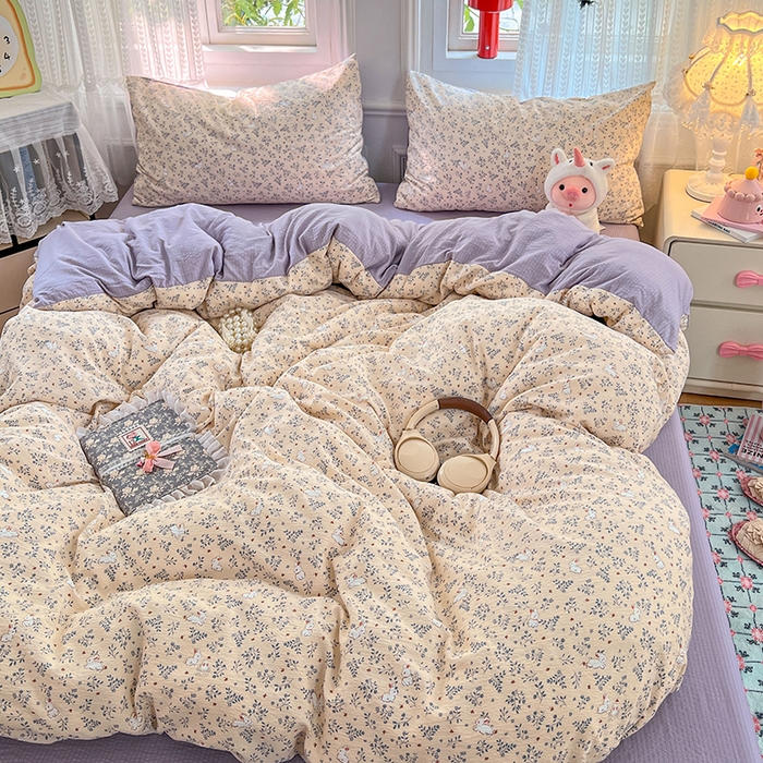 91家纺网 家纺一手货源 找家纺 优尚佳生活馆 2025新款高克重云感双层纱印花四件套 枝兔梦笺