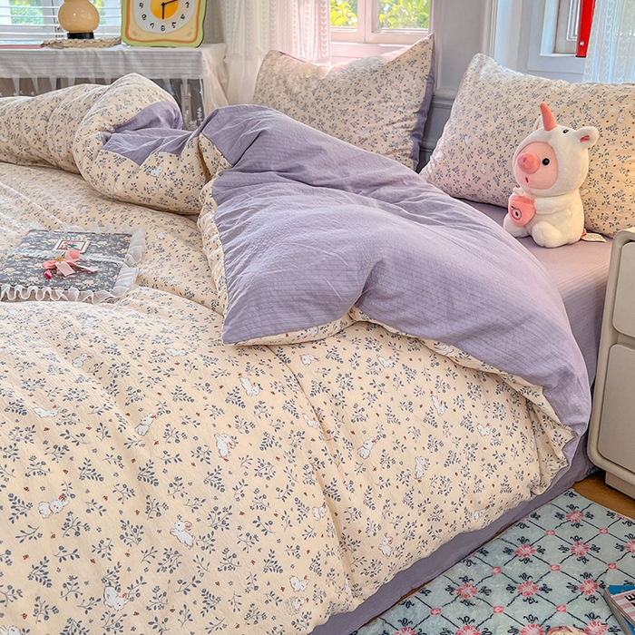 91家纺网 家纺一手货源 找家纺 优尚佳生活馆 2025新款高克重云感双层纱印花四件套 枝兔梦笺