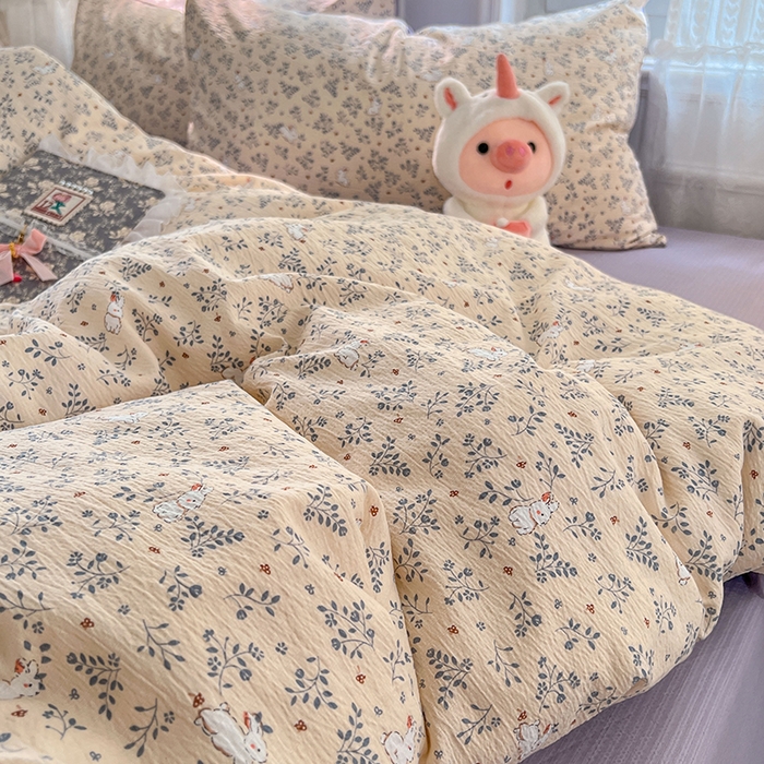 91家纺网 家纺一手货源 找家纺 优尚佳生活馆 2025新款高克重云感双层纱印花四件套 枝兔梦笺