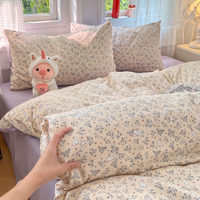 91家纺网 家纺一手货源 找家纺 优尚佳生活馆 2025新款高克重云感双层纱印花四件套 枝兔梦笺