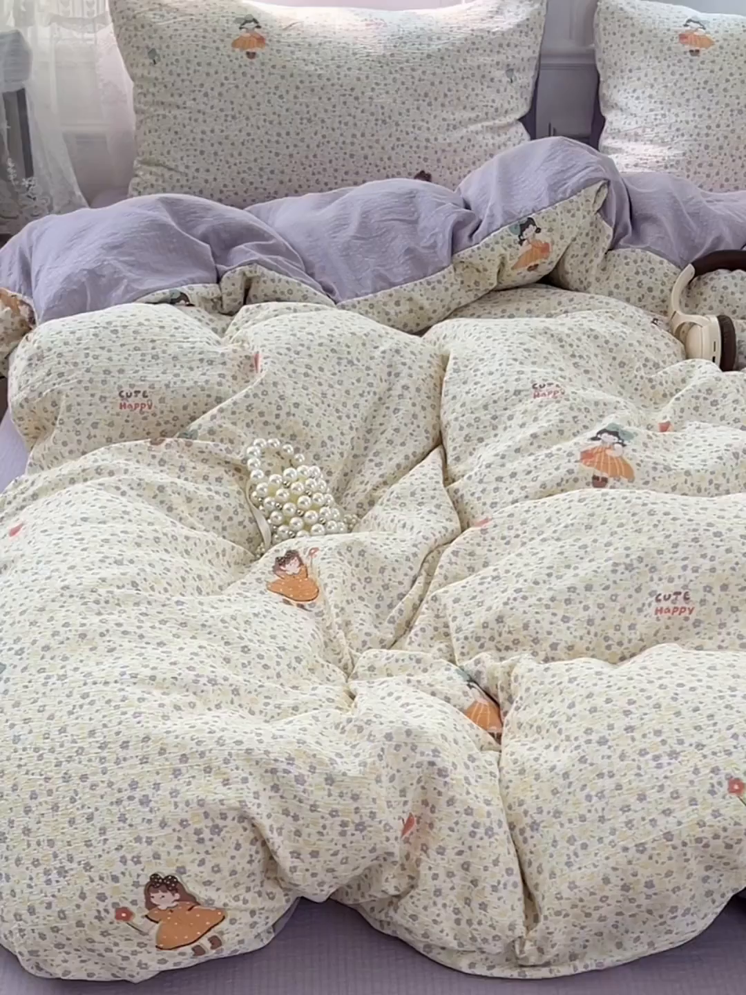 91家纺网 家纺一手货源 找家纺 优尚佳生活馆 2025新款高克重云感双层纱印花四件套 紫絮童织