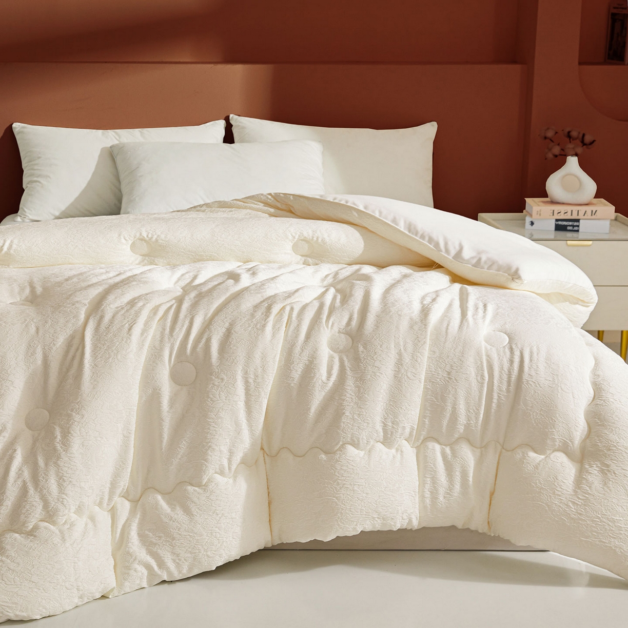 91家纺网 家纺一手货源 找家纺 欢乐季 2025新款贡缎浮雕提花棉花被 被子被芯 奶油白