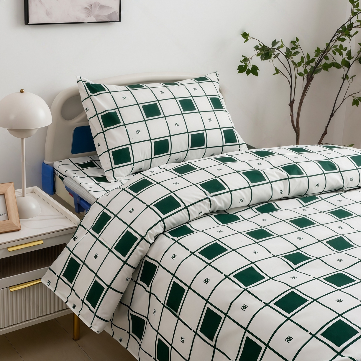 91家纺网 家纺一手货源 找家纺 （总）鑫保源 2025新款医用床品、医院养老院大绿格，全棉涤棉三件套