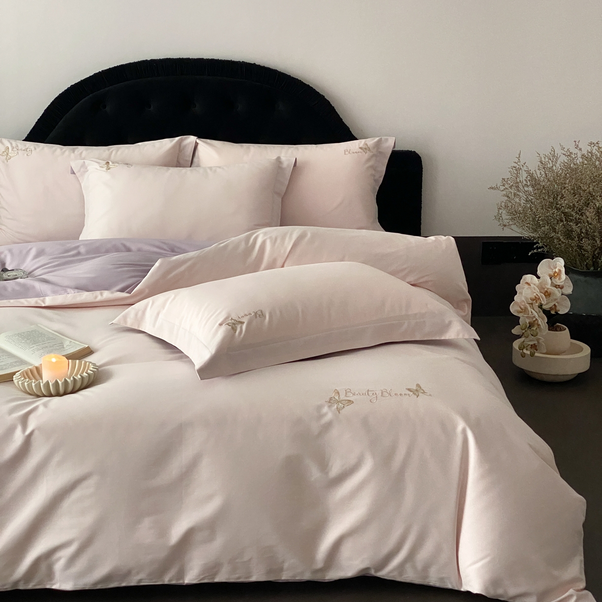 91家纺网 家纺一手货源 找家纺 （总）云栖家居 2025秋冬新款50支纯色双拼加厚全棉磨毛被套刺绣100S纯棉四件套-小蝴蝶系列