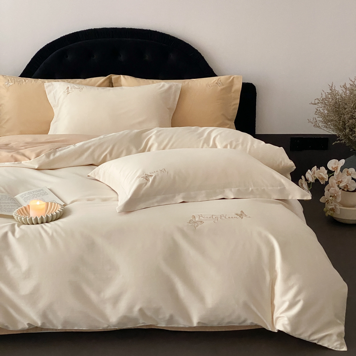 91家纺网 家纺一手货源 找家纺 （总）云栖家居 2025秋冬新款50支纯色双拼加厚全棉磨毛被套刺绣100S纯棉四件套-小蝴蝶系列