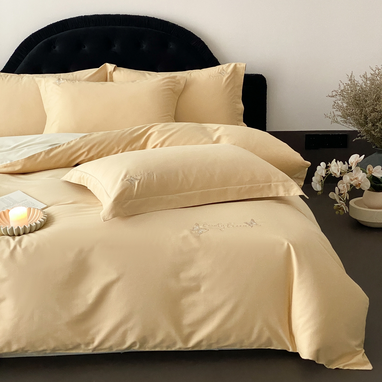 91家纺网 家纺一手货源 找家纺 （总）云栖家居 2025秋冬新款50支纯色双拼加厚全棉磨毛被套刺绣100S纯棉四件套-小蝴蝶系列