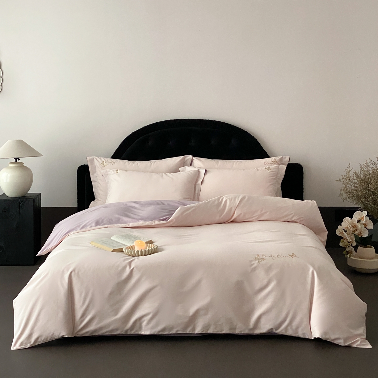 云栖家居 2025秋冬新款50支纯色双拼加厚全棉磨毛被套刺绣100S纯棉四件套-小蝴蝶系列 粉紫