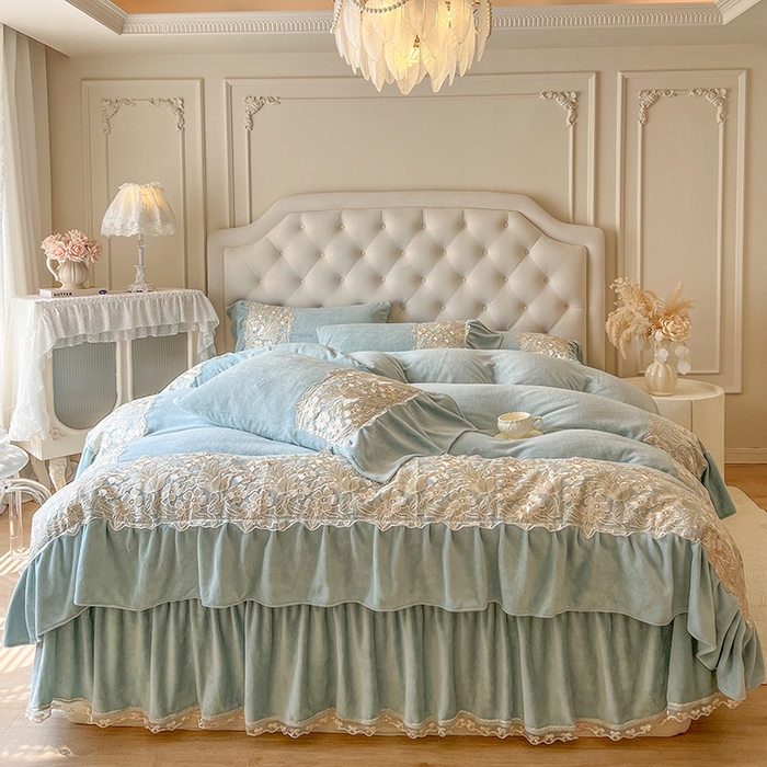 91家纺网 家纺一手货源 找家纺 网红馆（ck家纺） 2025新款牛奶绒蕾丝花边倾城系列四件套 倾城-绿