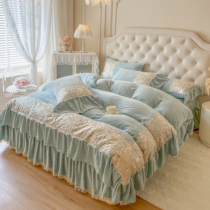 91家纺网 家纺一手货源 找家纺 网红馆（ck家纺） 2025新款牛奶绒蕾丝花边倾城系列单床盖 倾城-绿