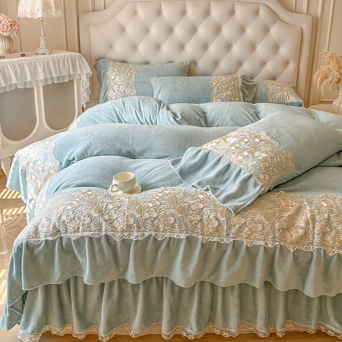 91家纺网 家纺一手货源 找家纺 网红馆（ck家纺） 2025新款牛奶绒蕾丝花边倾城系列单床盖 倾城-绿