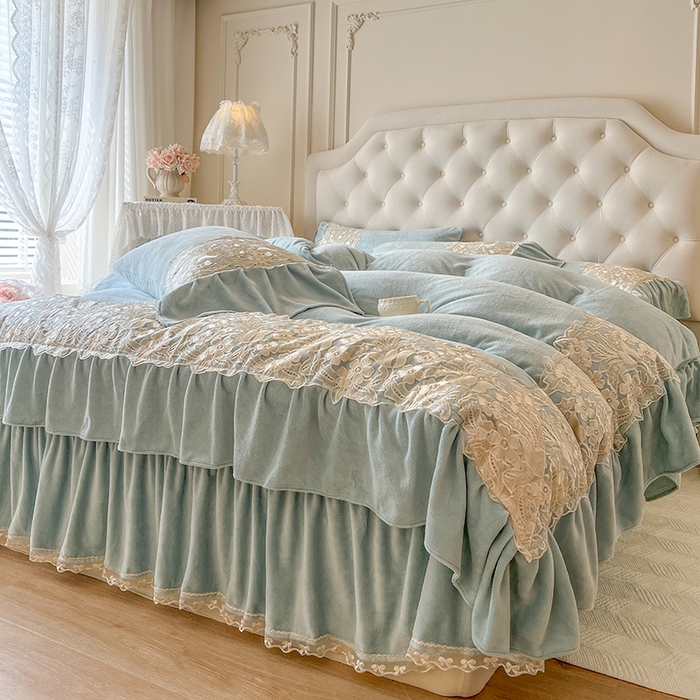 91家纺网 家纺一手货源 找家纺 网红馆（ck家纺） 2025新款牛奶绒蕾丝花边倾城系列单床盖 倾城-绿