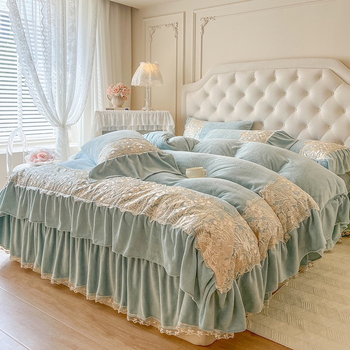 91家纺网 家纺一手货源 找家纺 网红馆（ck家纺） 2025新款牛奶绒蕾丝花边倾城系列单床盖 倾城-绿