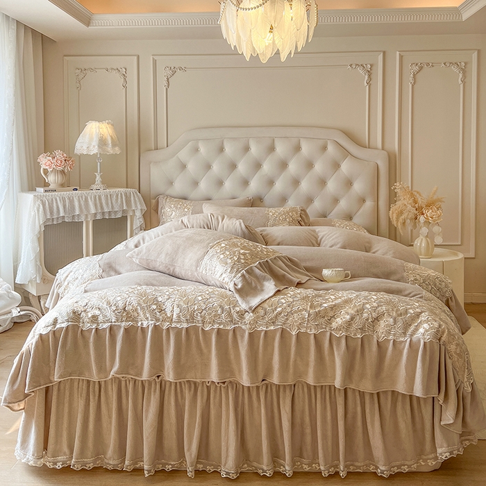 91家纺网 家纺一手货源 找家纺 网红馆（ck家纺） 2025新款牛奶绒蕾丝花边倾城系列单床盖 倾城-咖