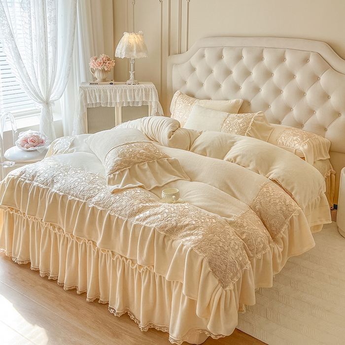 91家纺网 家纺一手货源 找家纺 网红馆（ck家纺） 2025新款牛奶绒蕾丝花边倾城系列单床盖 倾城-米