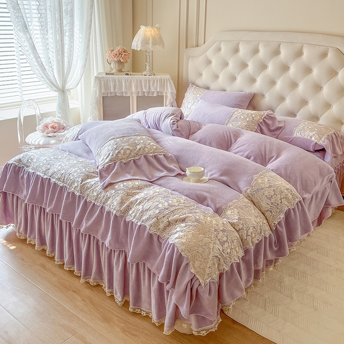 91家纺网 家纺一手货源 找家纺 网红馆（ck家纺） 2025新款牛奶绒蕾丝花边倾城系列单床盖 倾城-紫