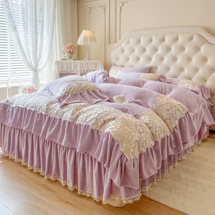 91家纺网 家纺一手货源 找家纺 网红馆（ck家纺） 2025新款牛奶绒蕾丝花边倾城系列单床盖 倾城-紫