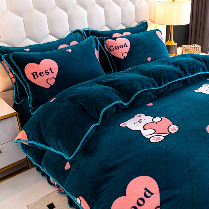 91家纺网 家纺一手货源 找家纺 眠多宝 2025新款8-9斤高克重牛奶绒四件套法莱绒水晶绒金貂绒抖音快手直播热款 爱心小熊