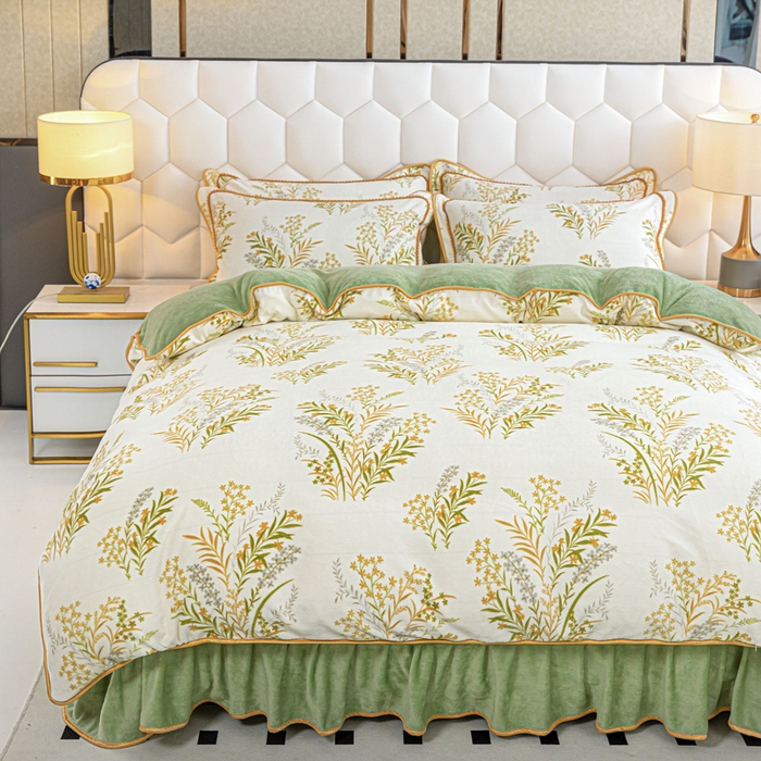 91家纺网 家纺一手货源 找家纺 眠多宝 2025新款8-9斤高克重牛奶绒四件套法莱绒水晶绒金貂绒抖音快手直播热款 青叶飘逸