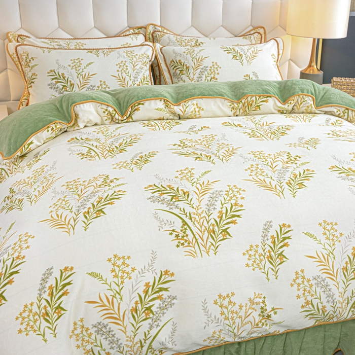 91家纺网 家纺一手货源 找家纺 眠多宝 2025新款8-9斤高克重牛奶绒四件套法莱绒水晶绒金貂绒抖音快手直播热款 青叶飘逸