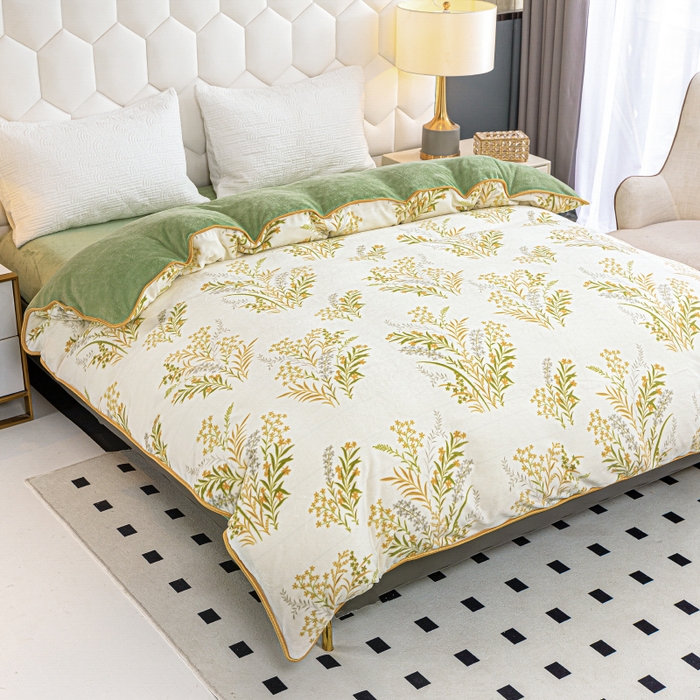 91家纺网 家纺一手货源 找家纺 眠多宝 2025新款8-9斤高克重牛奶绒四件套法莱绒水晶绒金貂绒抖音快手直播热款 青叶飘逸