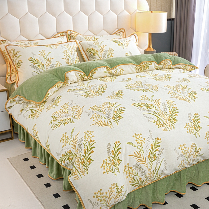 眠多宝 2025新款8-9斤高克重牛奶绒四件套法莱绒水晶绒金貂绒抖音快手直播热款 青叶飘逸