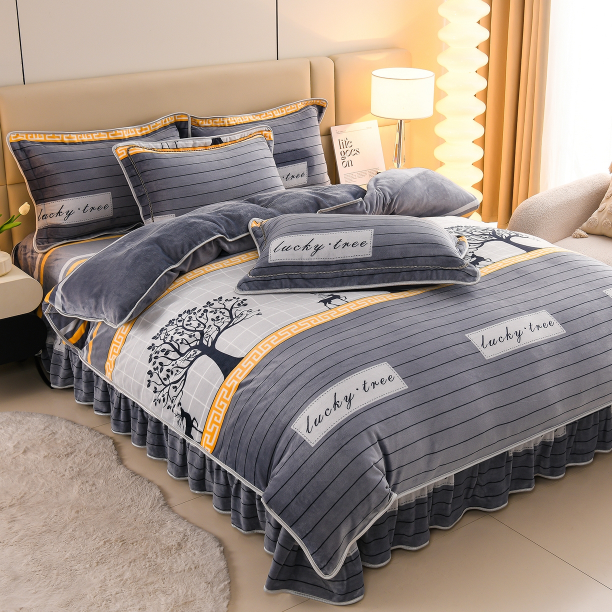 91家纺网 家纺一手货源 找家纺 眠多宝 2025新款8-9斤高克重牛奶绒四件套法莱绒水晶绒金貂绒抖音快手直播热款 幸运树