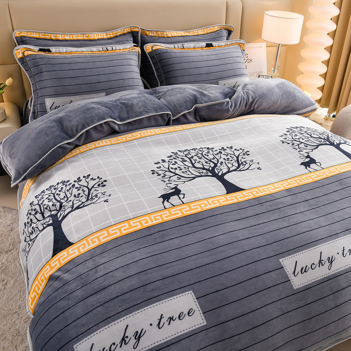 91家纺网 家纺一手货源 找家纺 眠多宝 2025新款8-9斤高克重牛奶绒四件套法莱绒水晶绒金貂绒抖音快手直播热款 幸运树