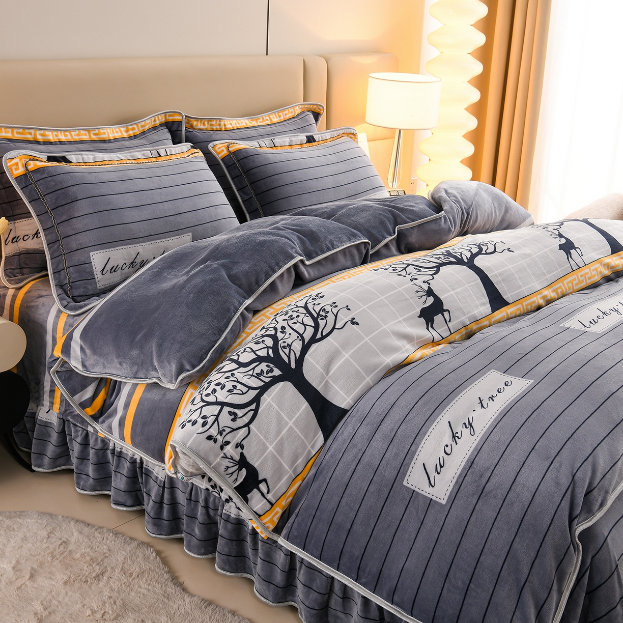 91家纺网 家纺一手货源 找家纺 眠多宝 2025新款8-9斤高克重牛奶绒四件套法莱绒水晶绒金貂绒抖音快手直播热款 幸运树