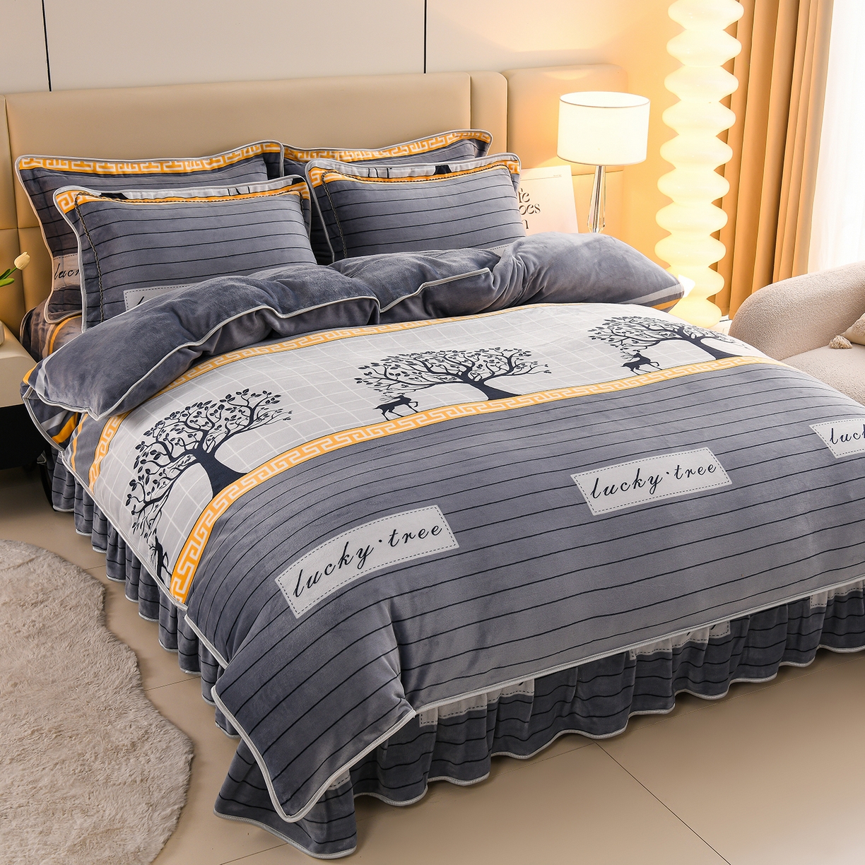 眠多宝 2025新款8-9斤高克重牛奶绒四件套法莱绒水晶绒金貂绒抖音快手直播热款 幸运树